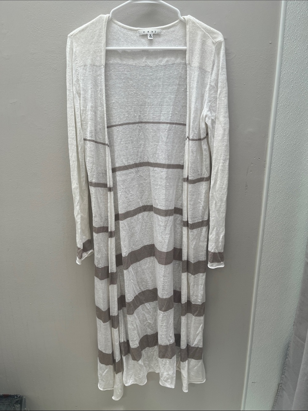 CAbi White and Taupe Striped Long Open Cardigan